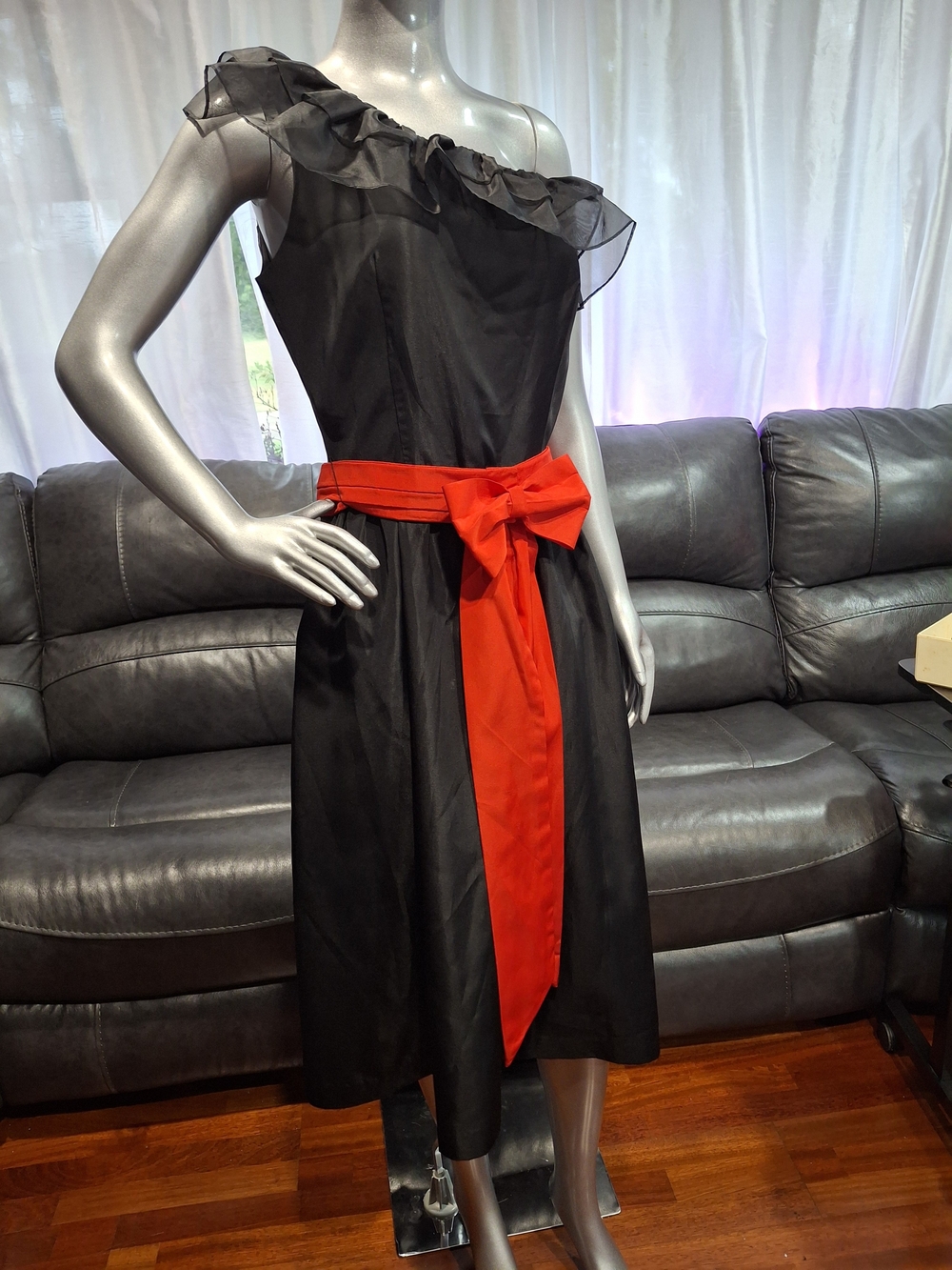 Vintage One Shoulder Midi Dress Sz 11 Black Taffeta Whimsigoth Retro 70s 80s LBD